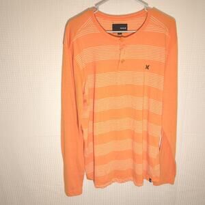 Hurley XL Orange Striped Long Sleeve Henley Shirt Cotton Blend Surf Skate Casual